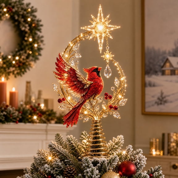 Cardinal Heaven's Light Tree Topper, Christmas Memorial Tree DecorRed Bird Memorial Ornament, LED Glowing Garden Decor, Vintage Outdoor Remembrance Gift, Indoor Twinkle Lamps