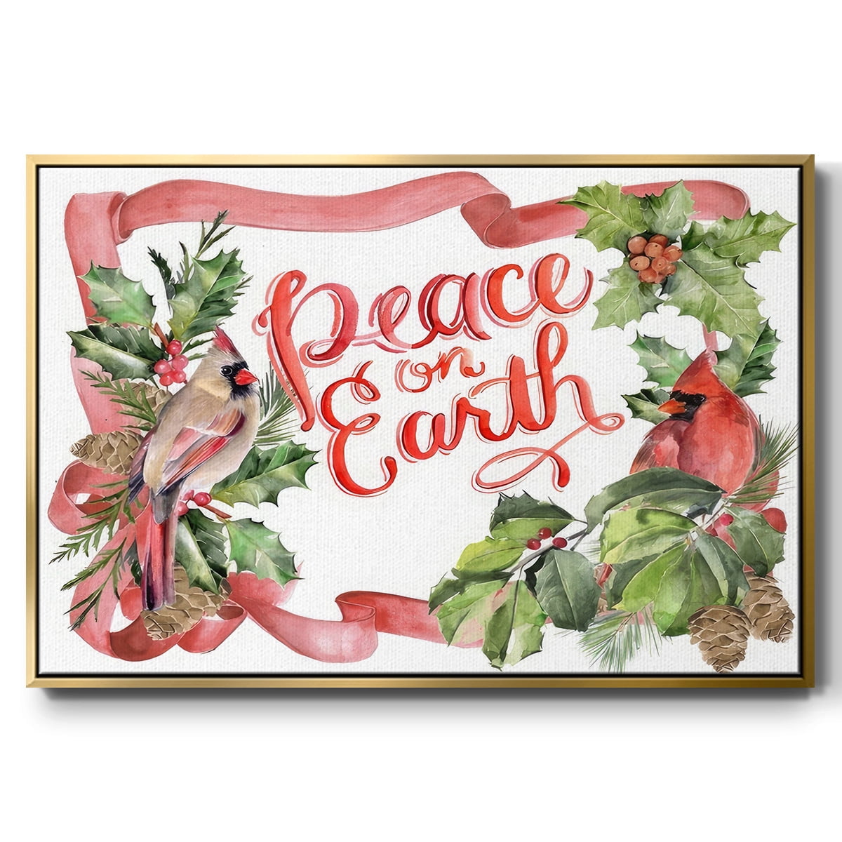 Cardinal Holly Christmas Collection A - Framed Gallery Wrapped Holiday Canvas - 17 x 25 - Gold Frame