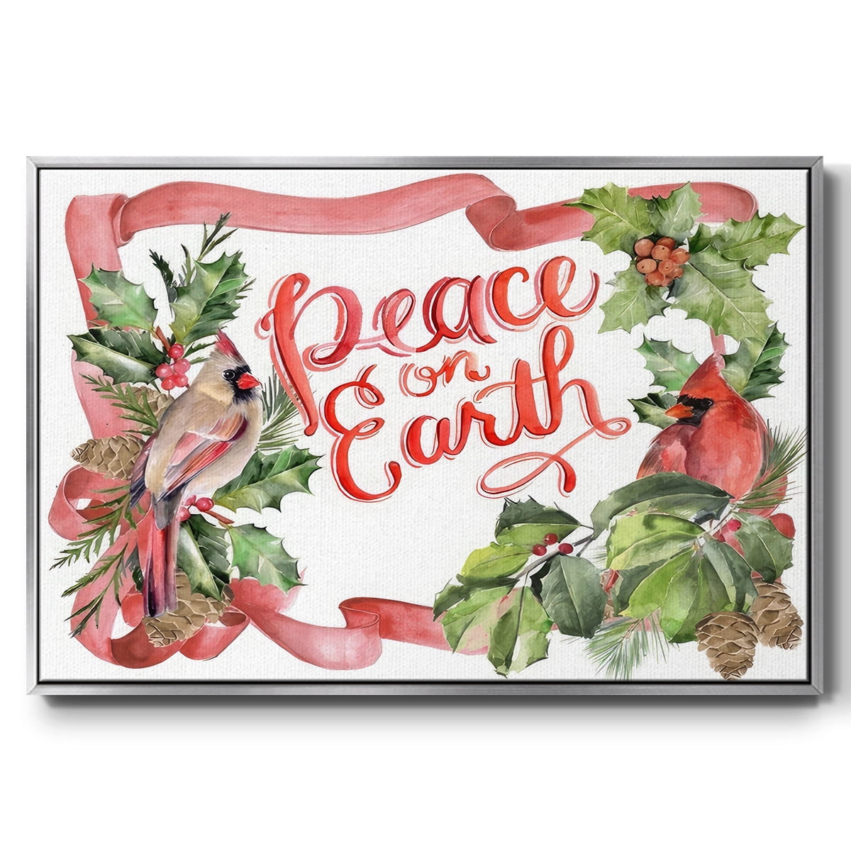 Cardinal Holly Christmas Collection A - Framed Gallery Wrapped Holiday Canvas - 25 x 37 - Silver Frame