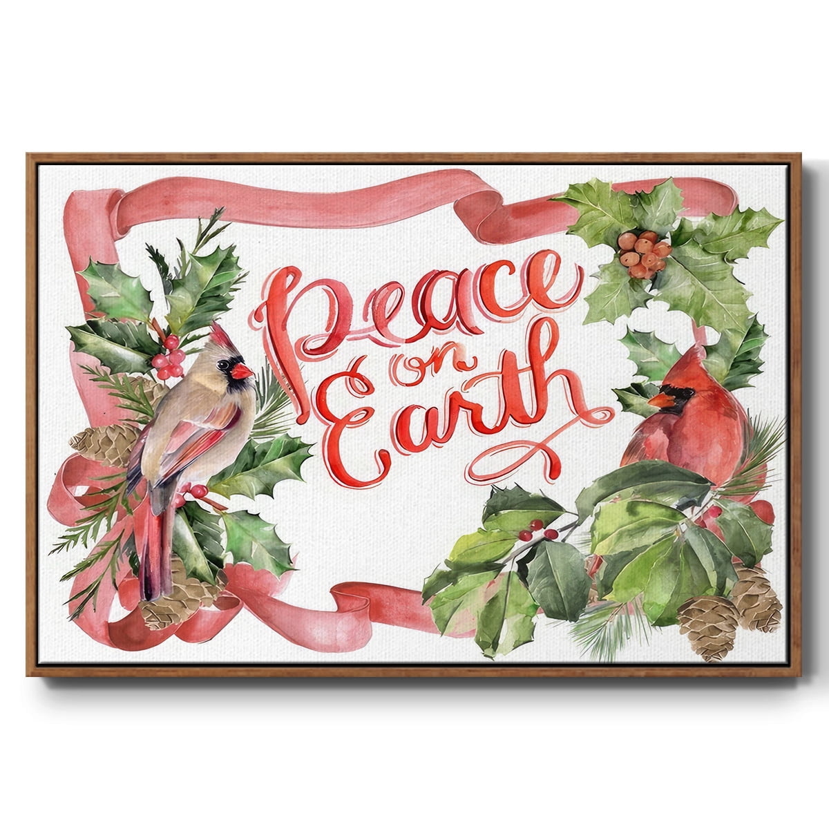 Cardinal Holly Christmas Collection A - Framed Gallery Wrapped Holiday Canvas - 27 x 41 - Rosewood Frame