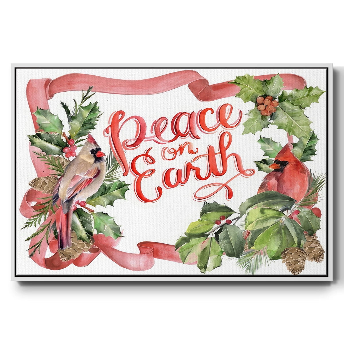 Cardinal Holly Christmas Collection A - Framed Gallery Wrapped Holiday Canvas - 27 x 41 - White Frame