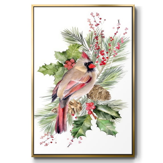 Cardinal Holly Christmas Collection B - Framed Gallery Wrapped Holiday Canvas - 17 x 25 - Gold Frame