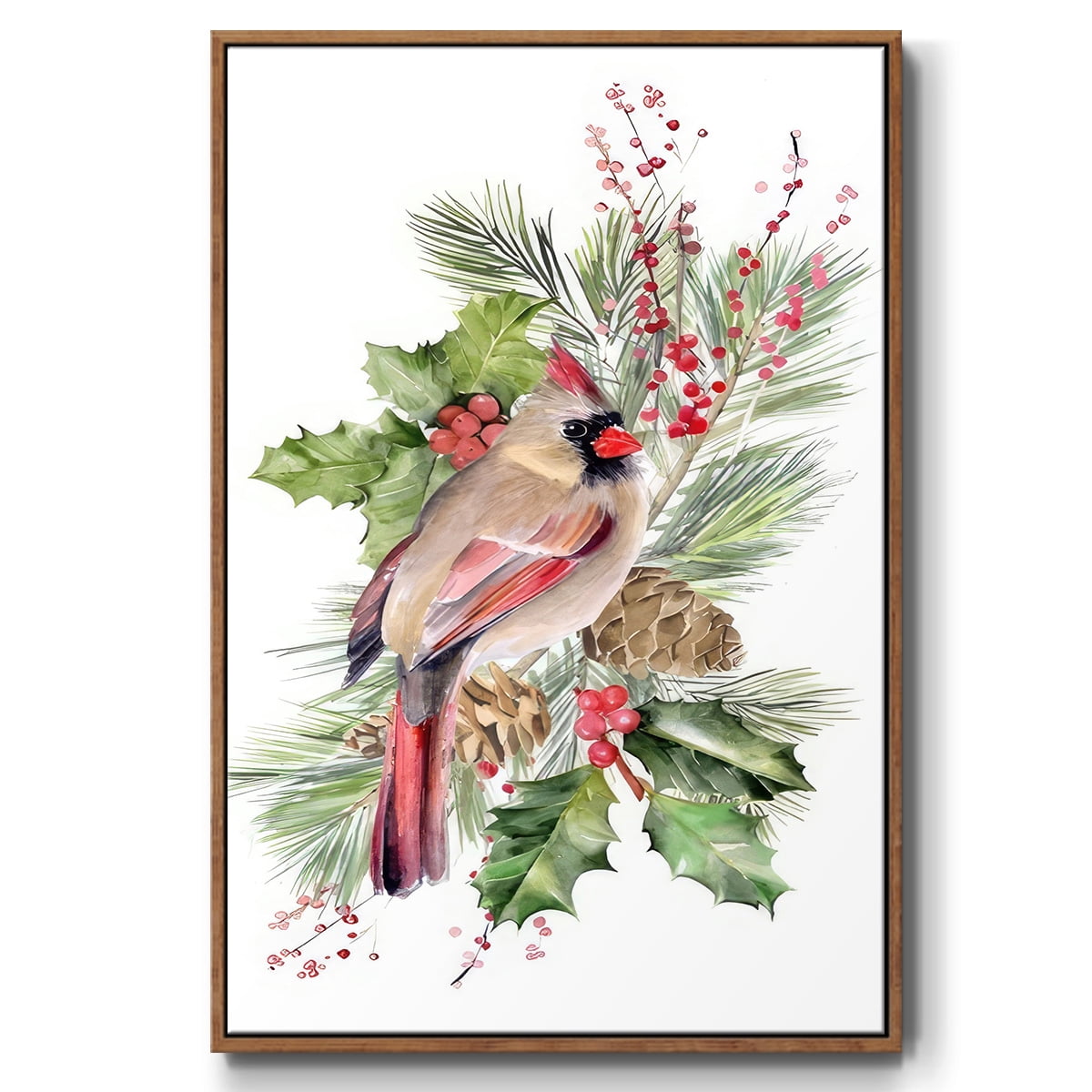 Cardinal Holly Christmas Collection B - Framed Gallery Wrapped Holiday Canvas - 17 x 25 - Rosewood Frame