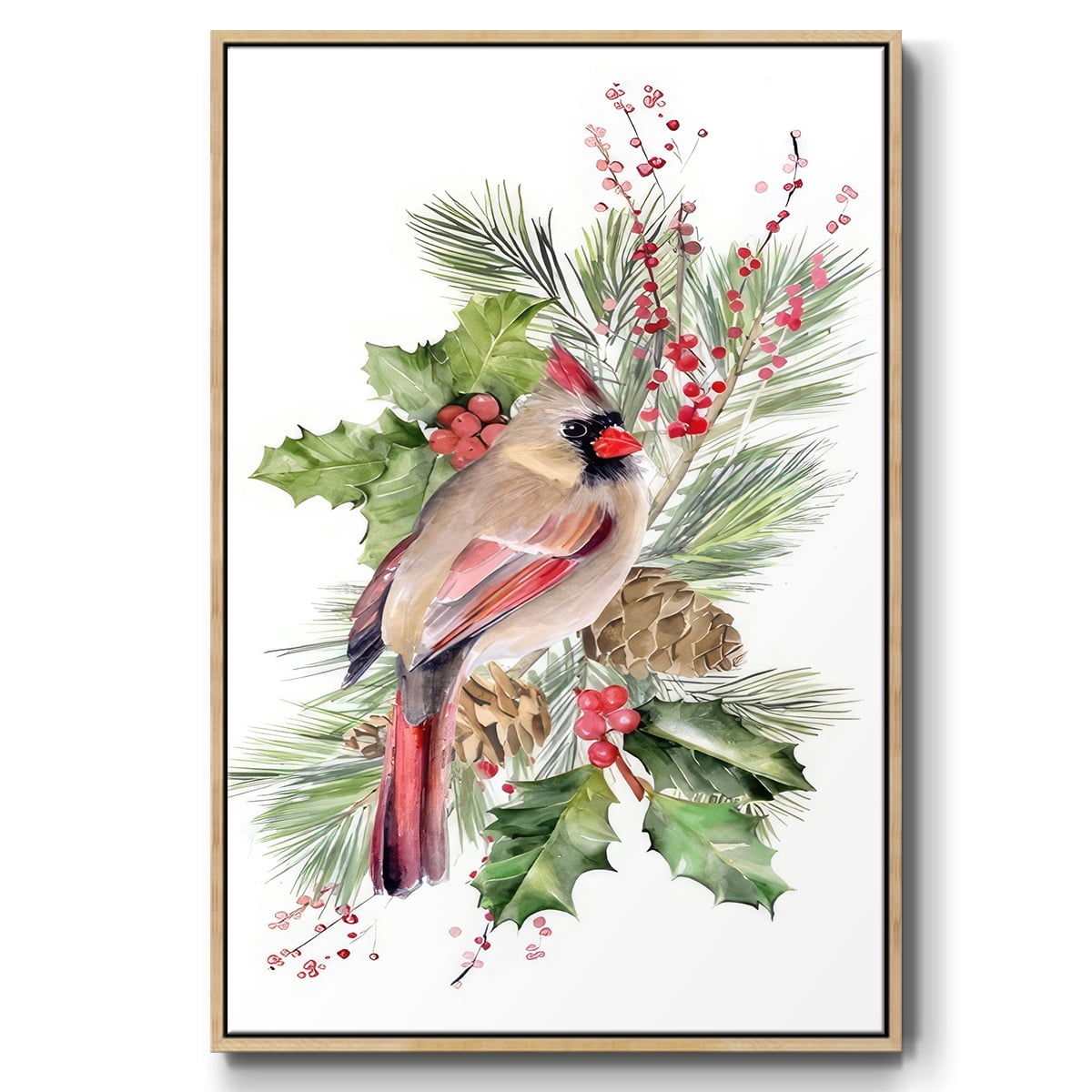 Cardinal Holly Christmas Collection B - Framed Gallery Wrapped Holiday Canvas - 25 x 37 - Natural Wood Frame