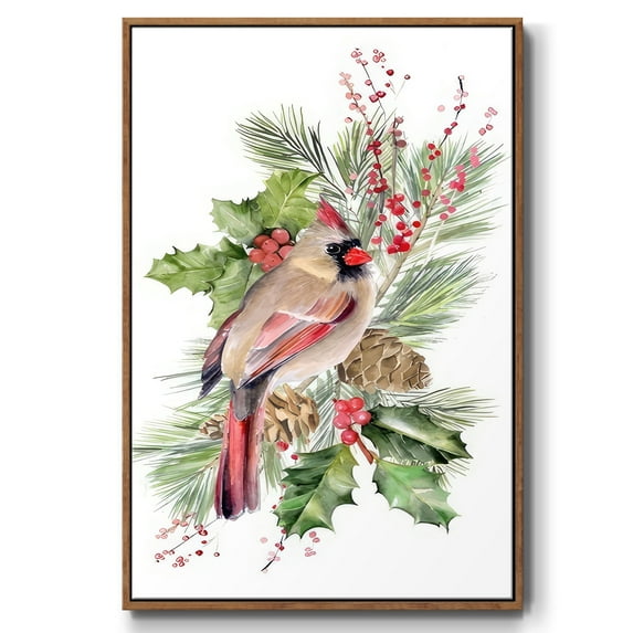 Cardinal Holly Christmas Collection B - Framed Gallery Wrapped Holiday Canvas - 25 x 37 - Rosewood Frame
