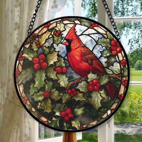 Cardinal & Holly: Stained Glass-Style Christmas Ornament - Made With Real Glass, Stained Glass Ornament 2025, Holiday Decoration, Seasonal Keepsake Gift, Unique Collectible,