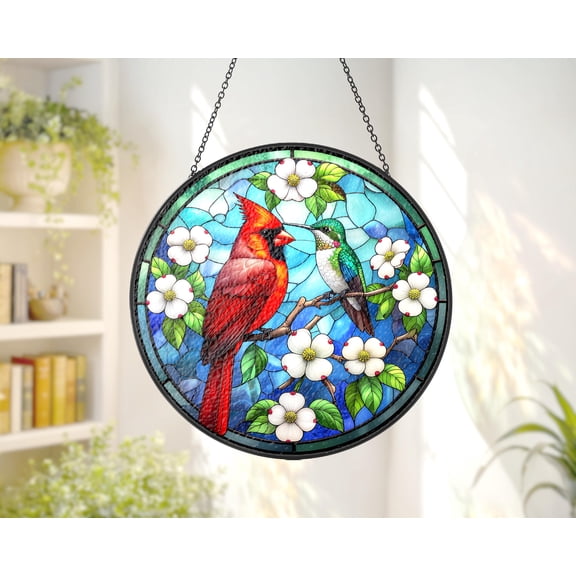 Cardinal Hummingbird Stained Glass Acrylic Ornament,Window Hanging,Bird Lover,Glass Art,Home Decor,Memorial Acrylic Ornament,Women Gift,Memorial Gift