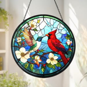 Cardinal Hummingbird Stained Glass Suncatcher,Window Hanging,Bird Lover,Bird Glass Art,Home Decor For Mom Grandma,Memorial Gift,Women Gift, 3.5 in