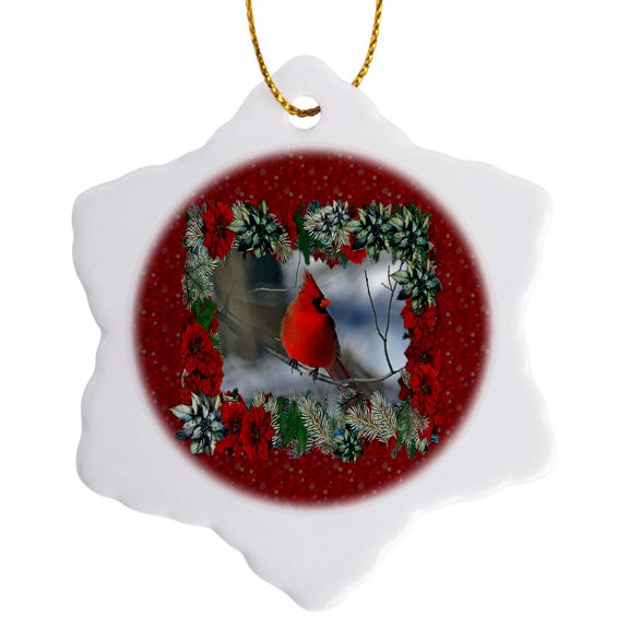 3drose, Cardinal in Christmas Frame of Poinsettias and Evergreen, Red, Green, 3 inch Snowflake Porcelain Ornament