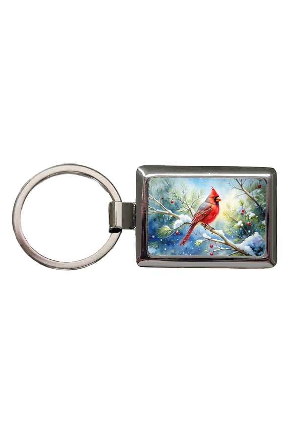 Cardinal In Snowy Tree Winter Watercolor Christmas Metal Rectangle Keychain