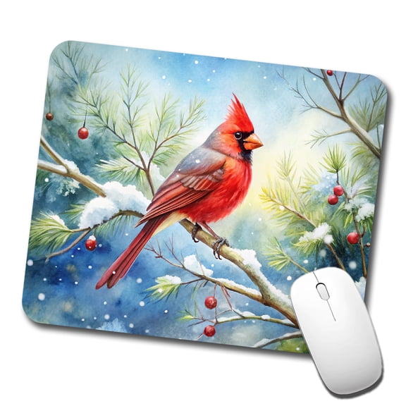 Cardinal In Snowy Tree Winter Watercolor Christmas Mouse Pad Low Profile Gaming Mat