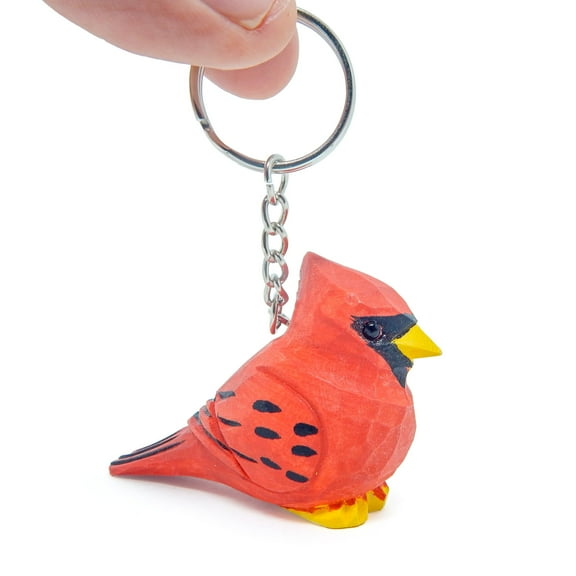 Cardinal Keychain Ring Clip Charm Red Bird Miniature Wood Mini Figurine Small Animal