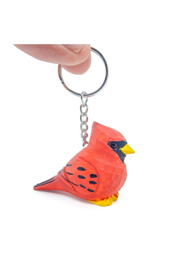 Cardinal Keychain Ring Clip Charm Red Bird Miniature Wood Mini Figurine Small Animal