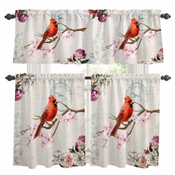 Cardinal Kitchen Curtains Set for Windows, Red Bird Floral Curtains Valance and Tier 3 Piece Set Small Drapes 36 Inch Length for Kitchen Bedroom Decor