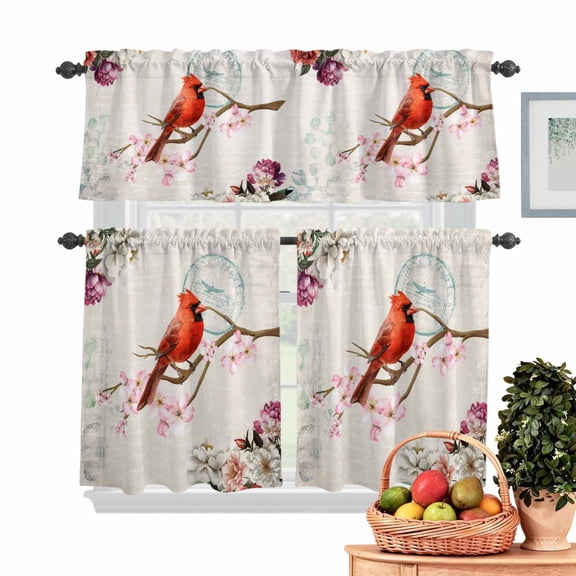 Cardinal Kitchen Curtains Valances 3 Piece Set, Red Bird Floral Rod Pocket Tier Curtain and Valance Drapes for Small Window 24 Inch Length for Bedroom Cafe