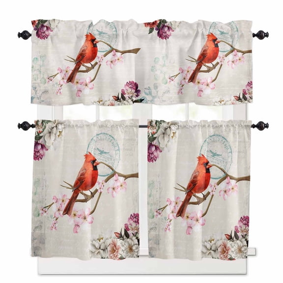 Cardinal Kitchen Curtains Valances and Tiers Set of 3 Red Bird Floral Tier Curtains and Valance Rod Pocket Valance Curtains Set for Kitchen Bathroom Small Windows 27.5"W x 24"L (Pack of 3)