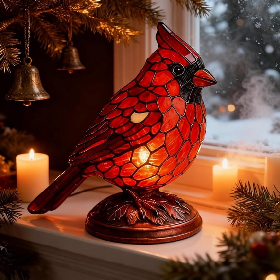 Cardinal Lamp Stained Glass - Realistic Cardinalis Bird Table Lamp, Stained Glass Resin Night Light for Christmas Decor & Bedroom LightingChristmas Home Decor Night Light Bird Gift.