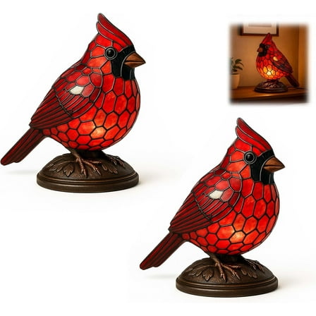 Cardinal Lamp Stained Glass Red Bird Table Lamp, Cardinal Night Light for Home Décor, Christmas Accent Lamp for Living Room, Bedroom or Office, Warm Glow Desk Light (2 PCs)