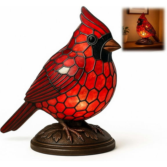 Cardinal Lamp Stained Glass Red Bird Table Lamp, Cardinal Night Light for Home Décor, Christmas Accent Lamp for Living Room, Bedroom or Office, Warm Glow Desk Light (1 PC)
