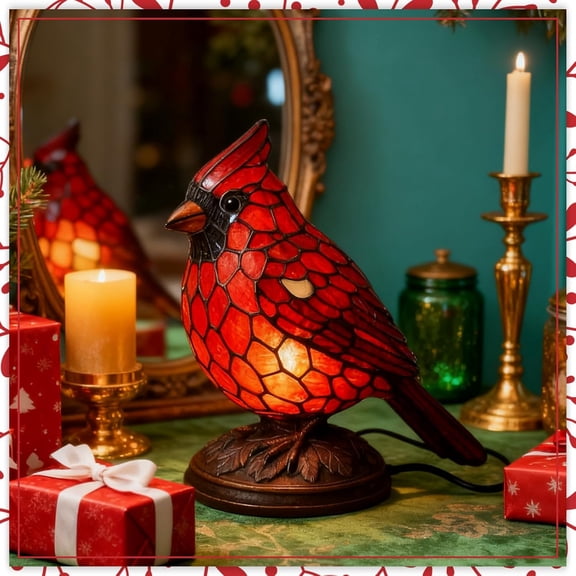 Cardinal Lamp Stained Glass, Resin Red Bird Desk Light for Home Office Decor, Warm Ambient Cardinal Bereavement Gift for Christmas & Holidays (1 PCS)