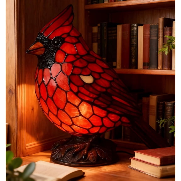 Cardinal Lamp Stained Glass, Resin Red Bird Table Light Lamps, Christmas Bedroom Decor Bird Lamp (Red)