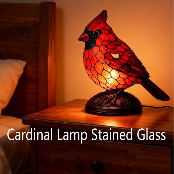 Cardinal Lamp Stained Glass, Resin Red Bird Table Light Lamps, Holiday Bedroom Decor Bird Lamp (Red)