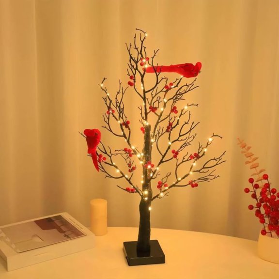 Cardinal Lighted Tabletop Tree Lamp, USB Powered LED Artificial Tree with Red Bird Ornaments, Bendable Branches Indoor Holiday Table Centerpiece
