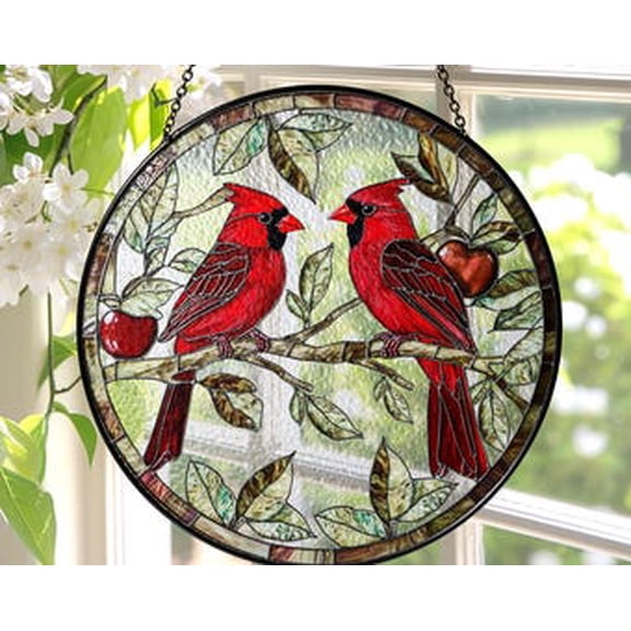 Cardinal Lovebirds Glass Suncatcher Round Bird Window Hanging, 3.5 in