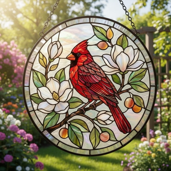 Cardinal Magnolia Stained Glass Decor - Handcrafted Stained Glass Art | Red Bird Floral Design | Nature Home Decoration | Gift for Nature Lovers, Love Hope Symbol | Window Wall Hanging