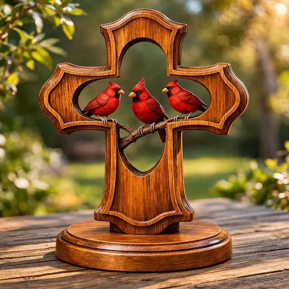 Cardinal Memorial Gifts, Handcrafted Wooden Cross Ornament for Sympathy & Bereavement, Red Bird Religious Faith Decor, In Memory of Loved One Gifts for Home, Shelf & Office, Spiritual Comfort