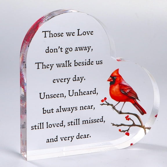 Cardinal Memorial Gifts Sympathy Bereavement Gift for Loss of Loved One in Memory of Dad Mom Husband Friend Parents Christmas Red Bird Acrylic Heart Shaped Plaque Table Decor 3.9x3.9 Inch