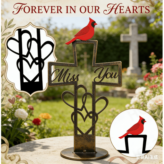 Cardinal Memorial Grave Marker & Metal Garden Marker with Cross, 8x8 Inch Personalized Outdoor Memorial Plaques, In Loving Memory Stakes & Sympathy Gifts