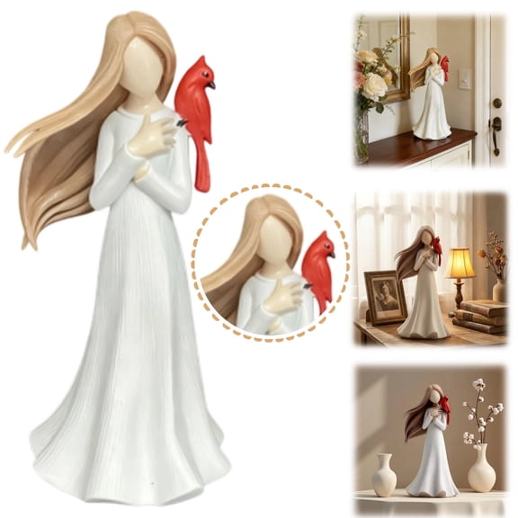 Cardinal Memorial of Love and Serenity Statue, Angel Cardinal Figurines, White Resin Memorial Ornament with Red Bird for Sympathy, Remembrance, & Comfort Sculpted Hand-Painted Figurine