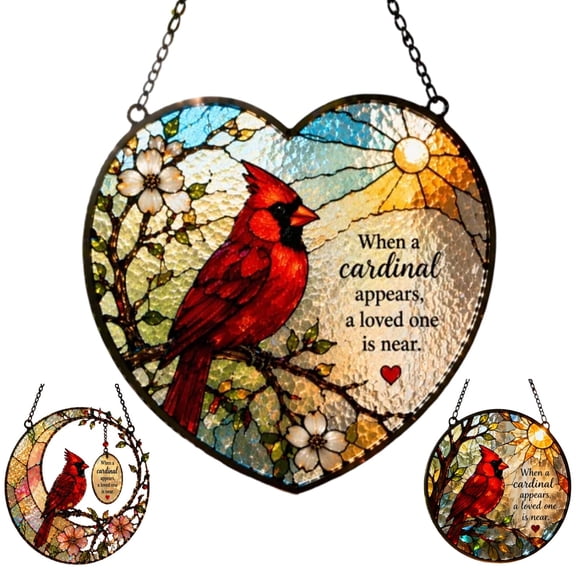 Cardinal Memorial Sun Catcher, Stained Glass Style Window Hanging Decor, Red Bird Sympathy Gift for Loss of Loved One (1 Pc)