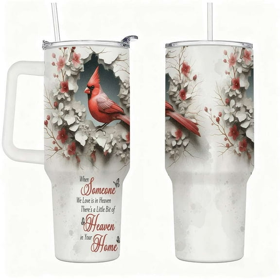 Cardinal Memorial Tumbler with Lid and Straw, Red Bird Floral Insulated Cup Gift
