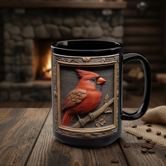 Cardinal Mug, Rustic Wood Effect Red Cardinal Coffee Cup, Bird Watcher Gift, Ohio Birder Gift, Songbird Decor, Winter Nature Wildlife Art