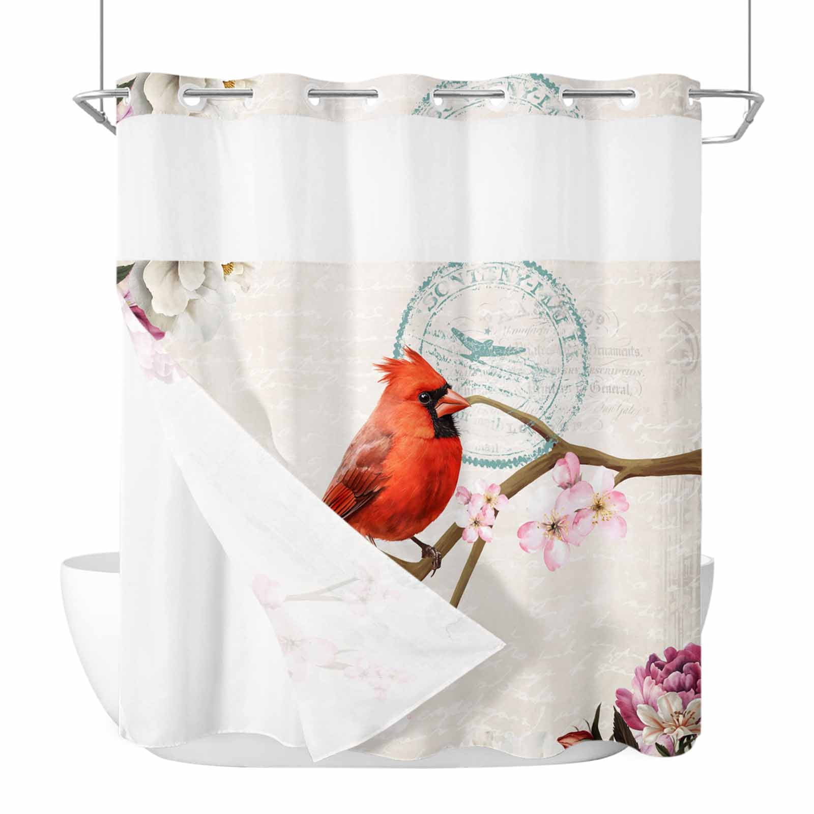 Cardinal No Hooks Shower Curtain with Snap-in Liner Red Bird Floral ...