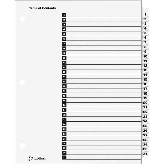 Cardinal OneStep Daily Index System - 31 x Divider(s) - Printed Tab(s) - Digit - 1-31 - 31 Tab(s)/Set - 9" Divider Width x 11" Divider Length - Letter - 8.50" Width x 11" Length - 3 Hole Punched - Whi