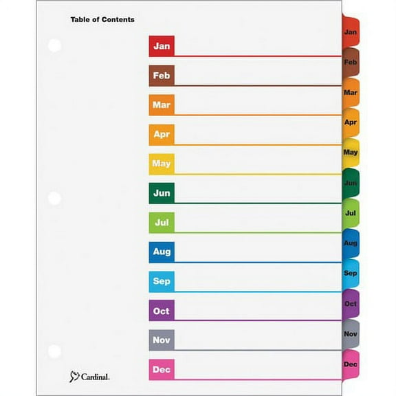 Cardinal OneStep Monthly Index System - 12 x Divider(s) - Printed Tab(s) - Month - Jan-Dec - 12 Tab(s)/Set - 9" Divider Width x 11" Divider Length - Letter - 8.50" Width x 11" | Bundle of 10 Sets