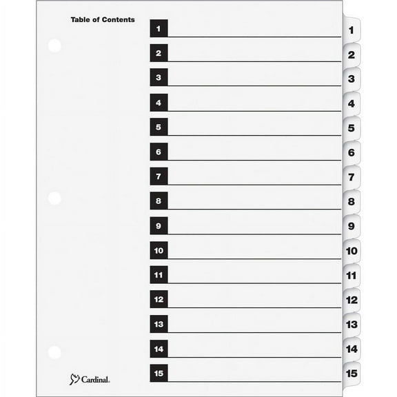 Cardinal OneStep Numbered Index System - 15 x Divider(s) - Printed Tab(s) - Digit - 1-15 - 15 Tab(s)/Set - 9" Divider Width x 11" Divider Length - Letter - 8.50" Width x 11" Length | Bundle of 5 Sets