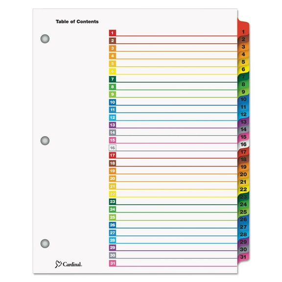 Cardinal OneStep Printable Table of Contents and Dividers, 31-Tab, 1 to 31, 11 x 8.5, White, Assorted Tabs, 1 Set