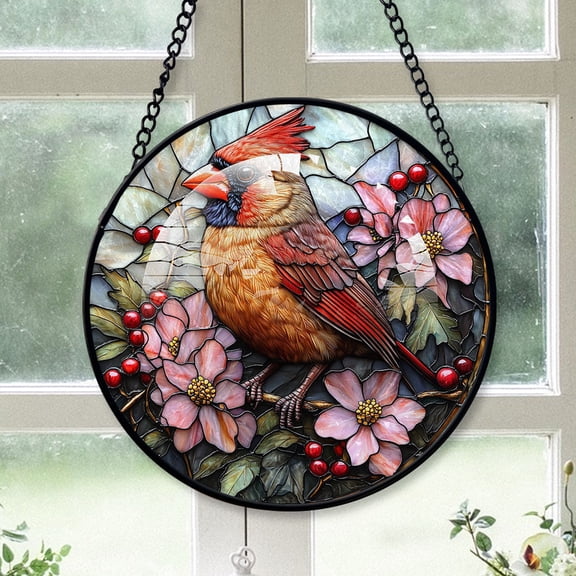 Cardinal Ornament, Brown Cardinal Stained Glass Window Hangings, Brown Cardinal Decor, Brown Cardinal Christmas Decorations Brown-174HD241, Cardinal Stained Glass Art