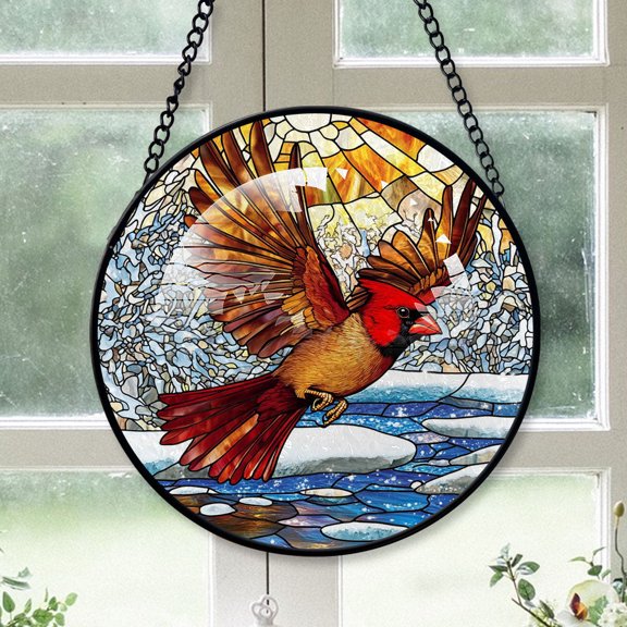 Cardinal Ornament, Brown Cardinal Stained Glass Window Hangings, Brown Cardinal Decor, Brown Cardinal Christmas Decorations Brown-174HD61, Cardinal Stained Glass Art