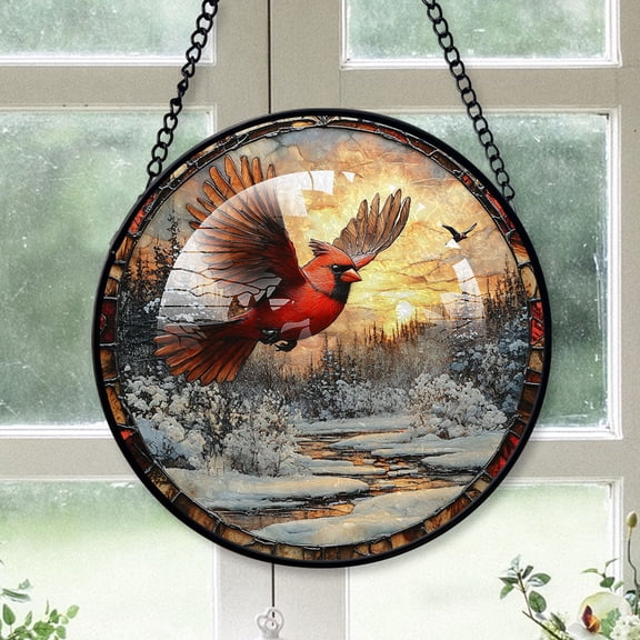 Cardinal Ornament, Red Cardinal Stained Glass Window Hangings, Red Cardinal Decor, Red Cardinal Christmas Hanging Decorations Red-178HD215, Cardinal Stained Glass Art