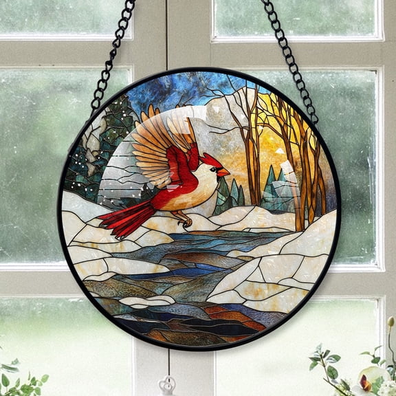 Cardinal Ornament, White Cardinal Stained Glass Window Hangings, White Cardinal Decor, White Cardinal Christmas Hanging Decorations White-179HD281, Cardinal Stained Glass Art