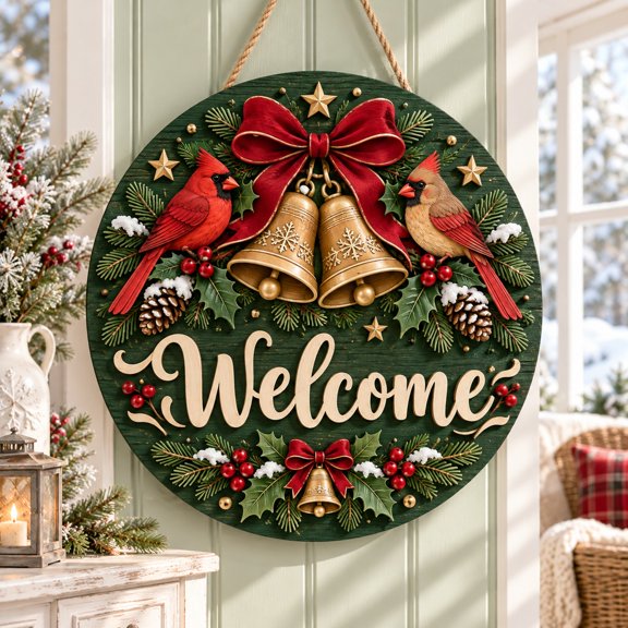 Cardinal Pair Gold Bells Holly Wooden Door Sign for Festive Christmas Welcome