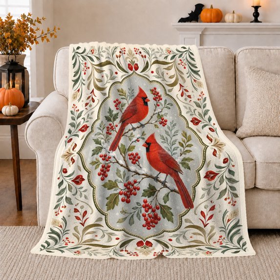 Cardinal Pair Inside An Ornamental Botanical Frame, Soft Flannel Blanket with Ornamental Folk Botanical Print, Housewarming Gift and Home Decor for Bedroom and Living Room