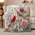 thumbnail image 1 of Cardinal Pair With Pink Roses, Romantic Naturalistic Botanical Illustration, Anniversary Gift for Bird And Rose Enthusiasts, Cozy Flannel Blanket and Home Decor for Living Room and Bedroom, 1 of 7