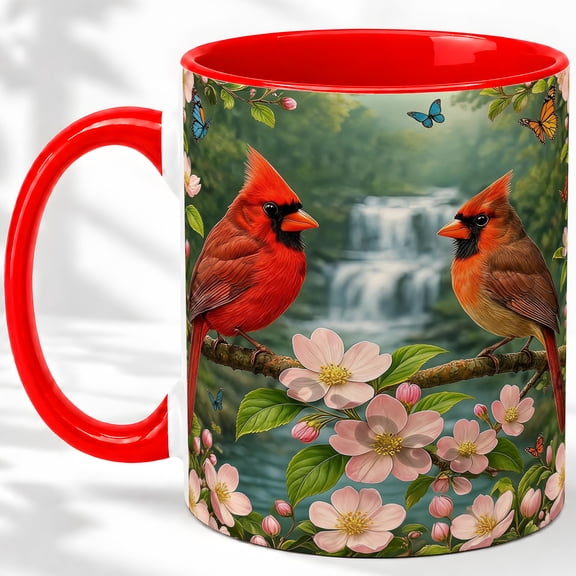 Cardinal Pair Waterfall Coffee Mug, Red Cardinal Mug, Morning Tea Cup for Home, Birds on Branch with Pink Blossoms and Butterflies, Forest Bird Art, Kitchen Accent, Nature Lover