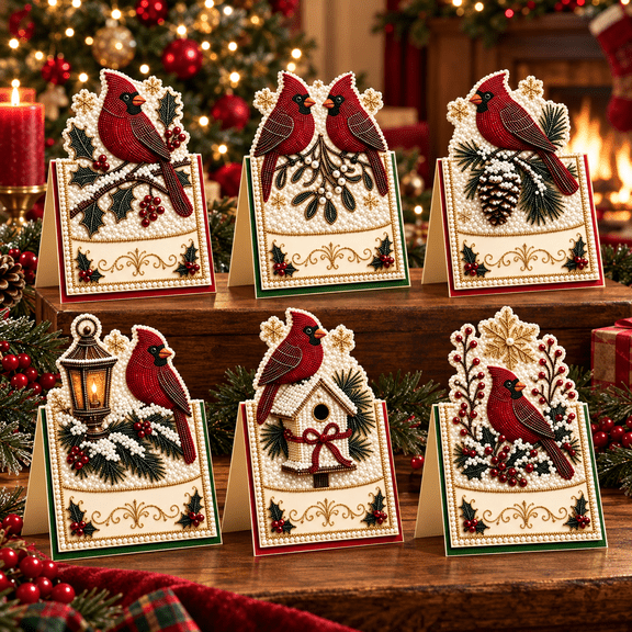 Cardinal Pearl Diamond Art Painting Christmas Cards, 6 Pack with Envelopes, DIY Gem Greeting Card Craft Kit for Adults, Holiday Gifts for Bird Lovers